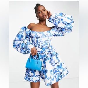 ASOS DESIGN volume sleeve mini skater dress in white and blue regal print